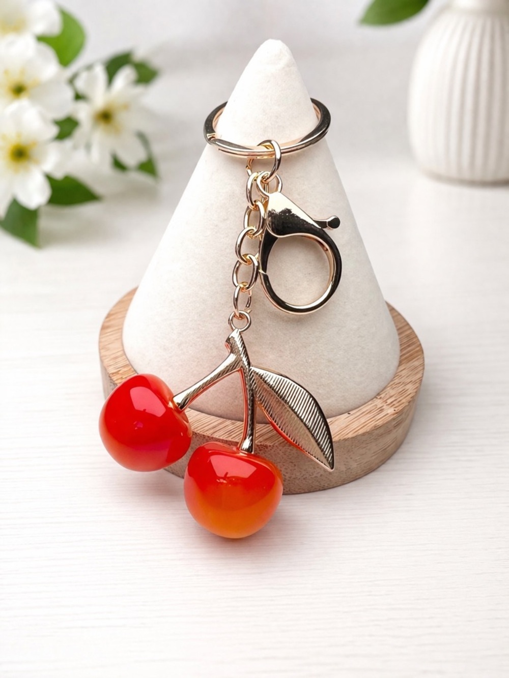 Gold Cherry Keychain Key Ring - Red/Orange Cherry Charm